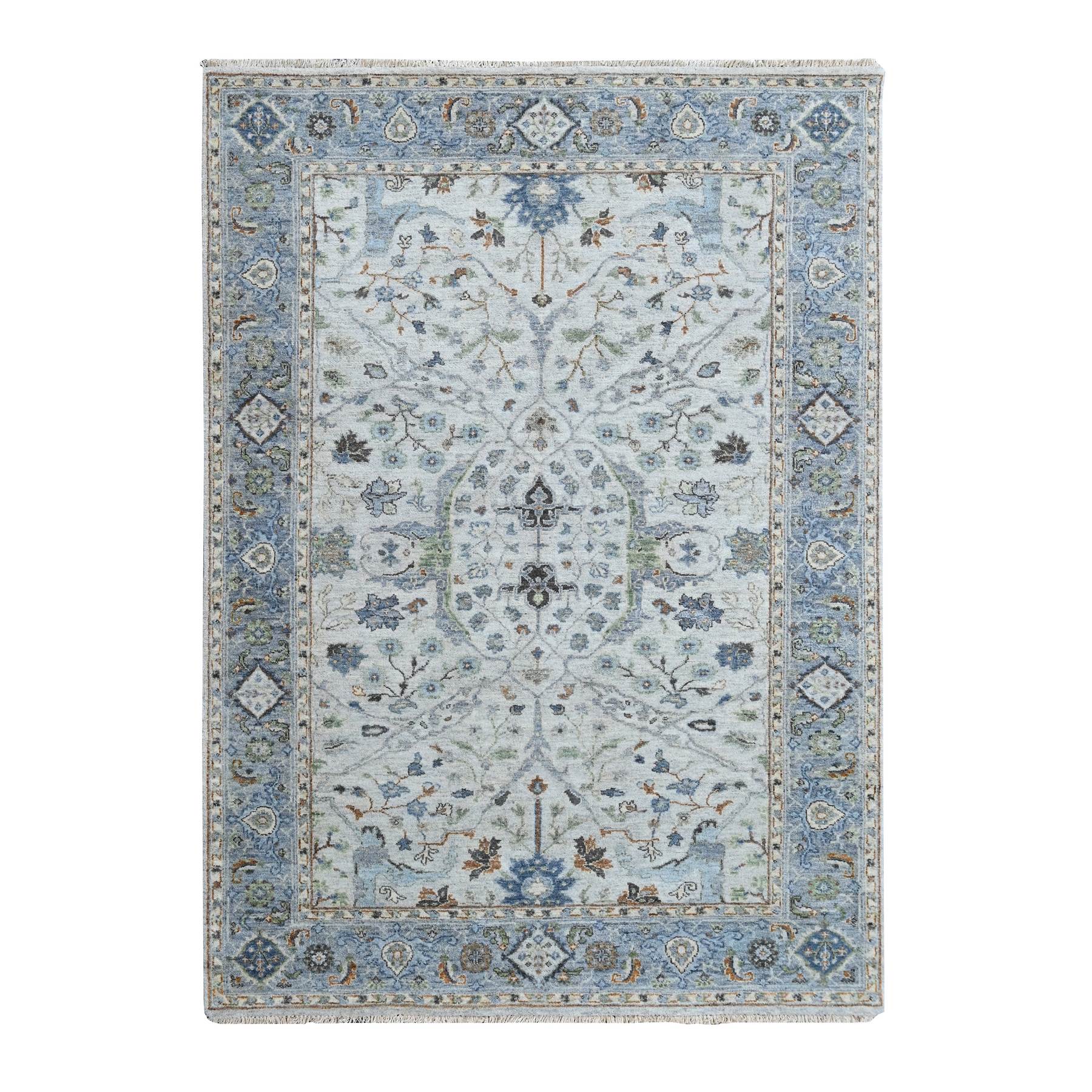 5'x7' Oyster Gray, Oushak with Floral Motifs, Hand Knotted, Soft Pile, Denser Weave, Pure Wool, Oriental Rug 